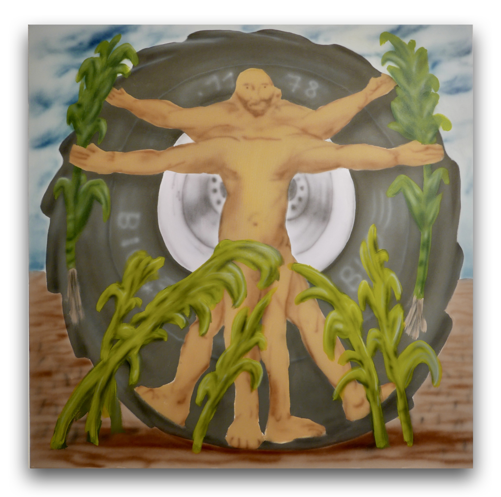 Martin Kačmarek – Vitruvian farmer, 140×140 cm, akryl, olej a spray na plátne